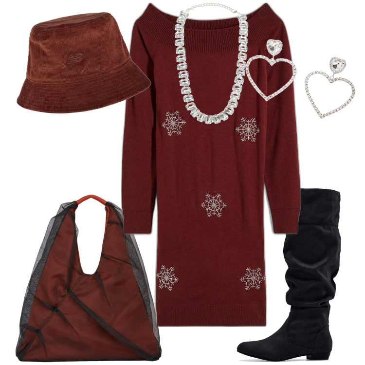 Outfit donna - Total look #2006148. Stile Casual per Tutti i giorni. Abbinamento con stivali, vestiti, collane, cappelli, orecchini, shopping bag.