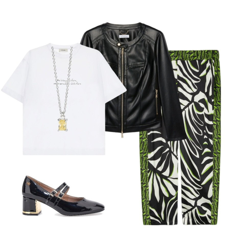 Outfit donna - Pantaloni a palazzo. Stile Glamour per Tutti i giorni. Abbinamento con collane, t-shirt, décolleté, pantaloni a palazzo, blazer.