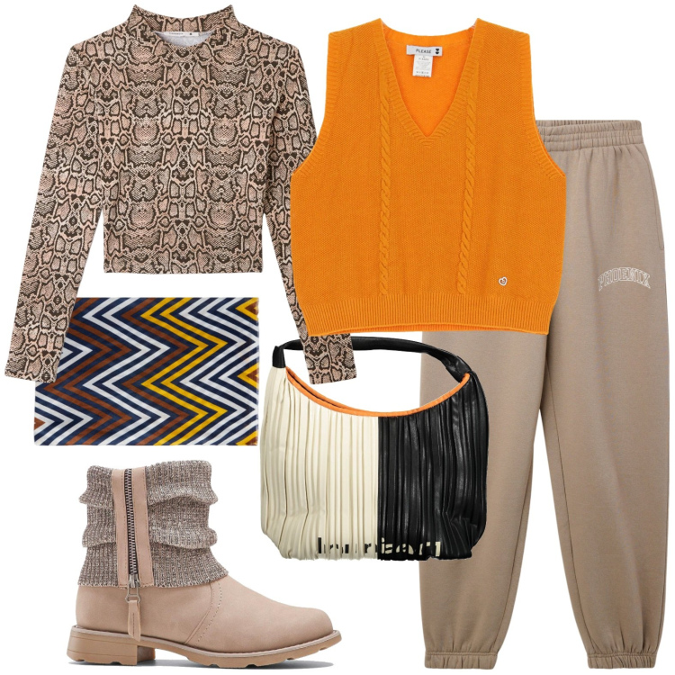 Outfit donna - Total look #2006157. Stile Casual per Tutti i giorni. Abbinamento con stivaletti, gilet, t-shirt, pantaloni, sciarpe, borse a spalla.