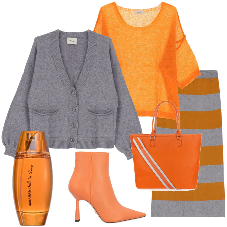Outfit donna - Osare con i colori. Stile Casual chic per Serata fuori. Abbinamento con stivaletti, profumi, borse tote, gonne longuette, cardigans, pullovers.