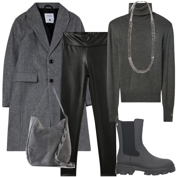 Outfit donna - In città. Stile Minimal per Serata fuori. Abbinamento con borse a mano, stivaletti, maglieria, treggings, cappotti, collane.