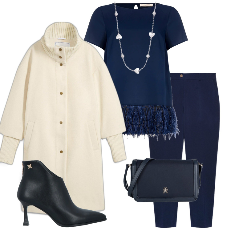 Outfit donna - Cena con i colleghi. Stile Chic per Serata fuori. Abbinamento con cappotti, borse a tracolla, stivaletti, collane, bluse, pantaloni.