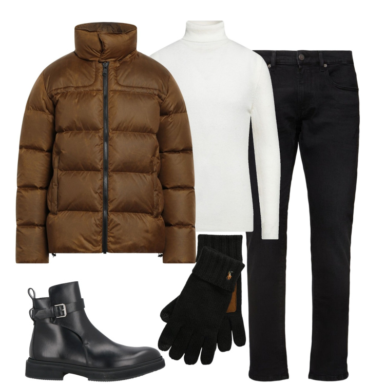 Outfit uomo - Total look #2006238. Stile Urban per Tutti i giorni. Abbinamento con stivali e stivaletti, piumini, maglieria, guanti, jeans slim fit.