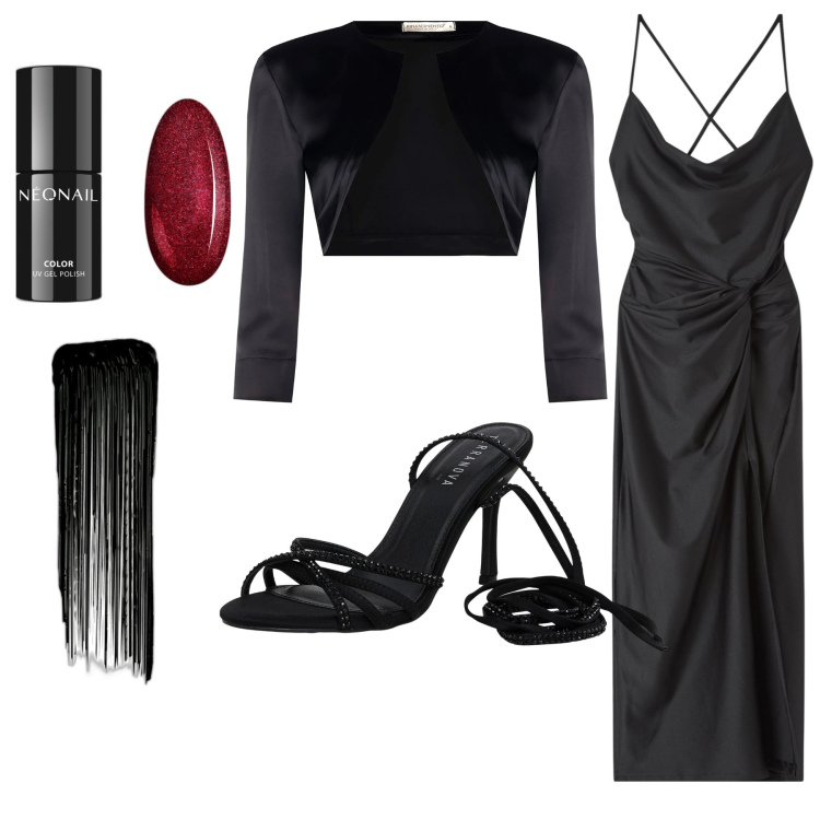 Outfit donna - Slip dress Nero. Stile Sexy per Serata fuori. Abbinamento con smalti, mascara, vestiti, sandali alla schiava, bolero.