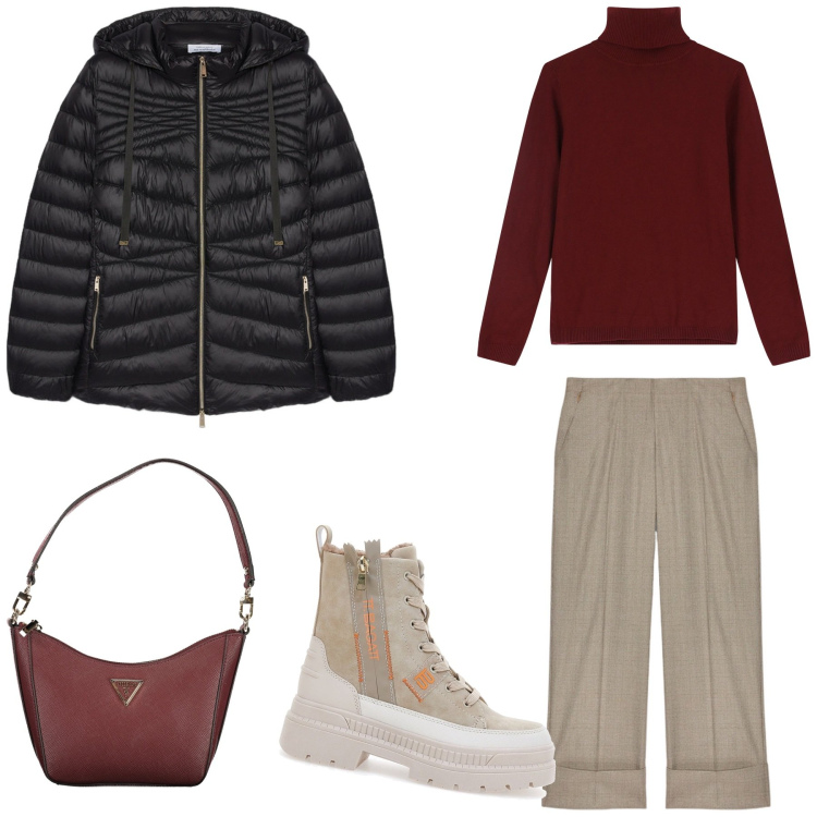 Outfit donna - Pantaloni bej. Stile Casual Abbinamento con maglieria, anfibi, pantaloni, piumini, borse a spalla.