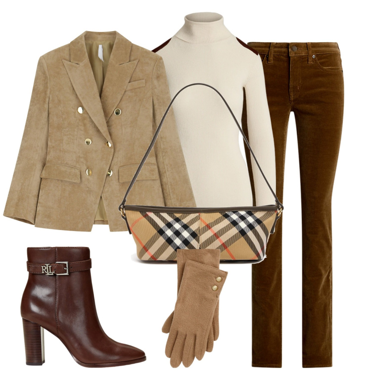 Outfit donna - City. Stile Chic per Tutti i giorni. Abbinamento con blazer, pantaloni, maglieria, stivaletti, guanti, borse a mano.