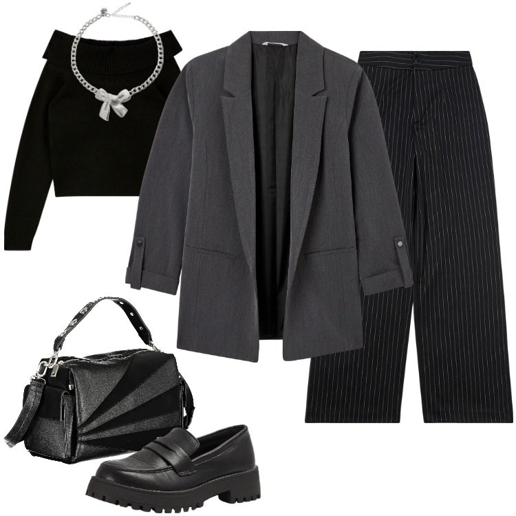 Outfit donna - Total look #2006256. Stile Casual per Ufficio. Abbinamento con maglieria, blazer, mocassini, pantaloni, collane, borse a spalla.