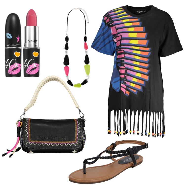 Outfit donna - Etnico e multicolore. Stile Etnico per Serata fuori. Abbinamento con rossetti, ciabatte, vestiti corti, borse a spalla, collane.