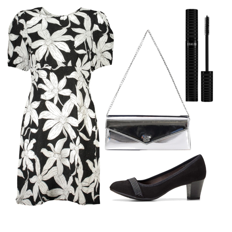 Outfit donna - Bon ton nero e argento. Stile Bon Ton per Ufficio. Abbinamento con décolleté, mascara, pochette, vestiti corti.