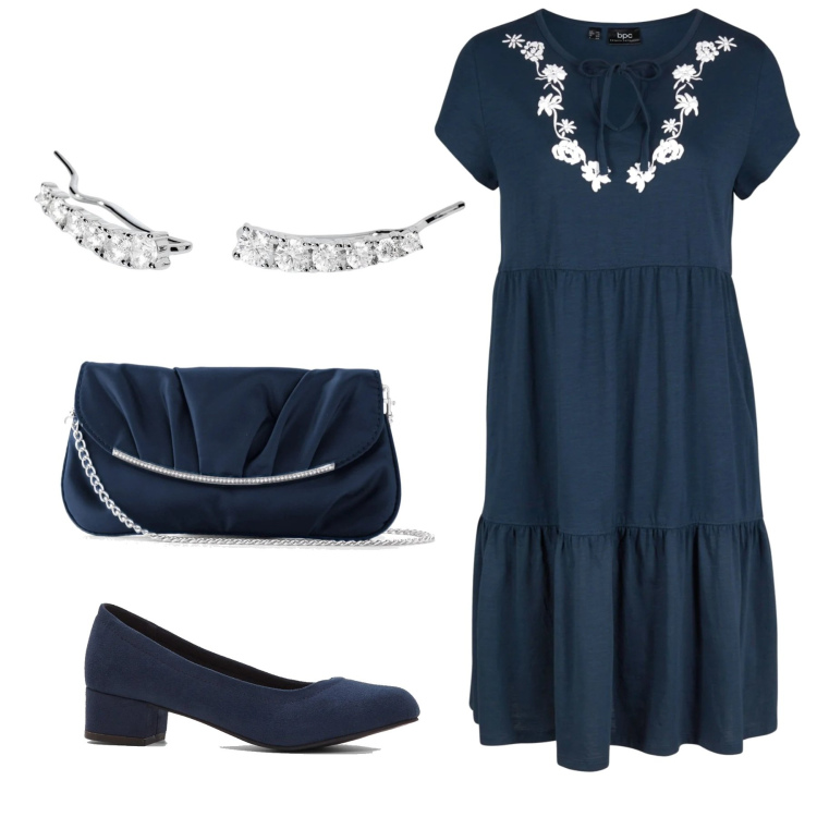 Outfit donna - Cerimonia blu e argento. Stile Bon Ton per Cerimonia. Abbinamento con vestiti, pochette, décolleté, orecchini.