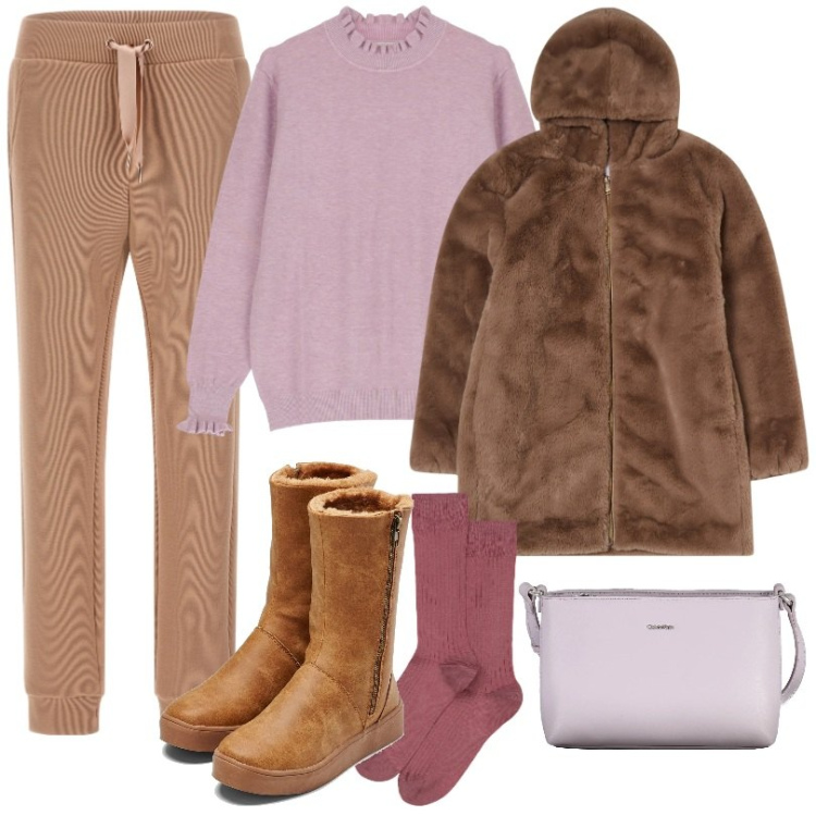 Outfit donna - Total look #2006282. Stile Sporty chic per Tutti i giorni. Abbinamento con stivali, ecopellicce, pantaloni, maglieria, calzini, borse a tracolla.