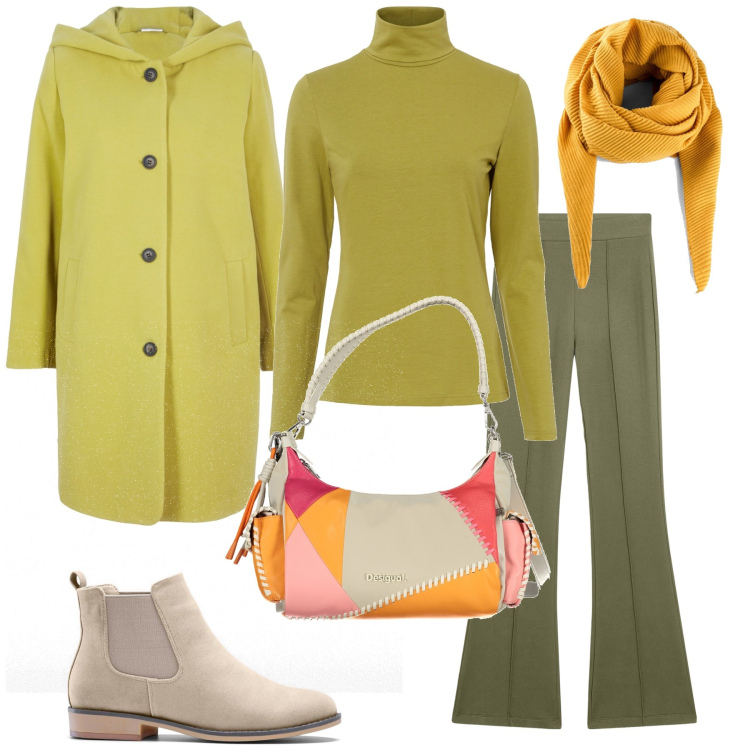 Outfit donna - Il cappotto verde lime. Stile Casual chic per Tutti i giorni. Abbinamento con stivaletti chelsea, maglieria, foulard, cappotti, pantaloni, borse a spalla.