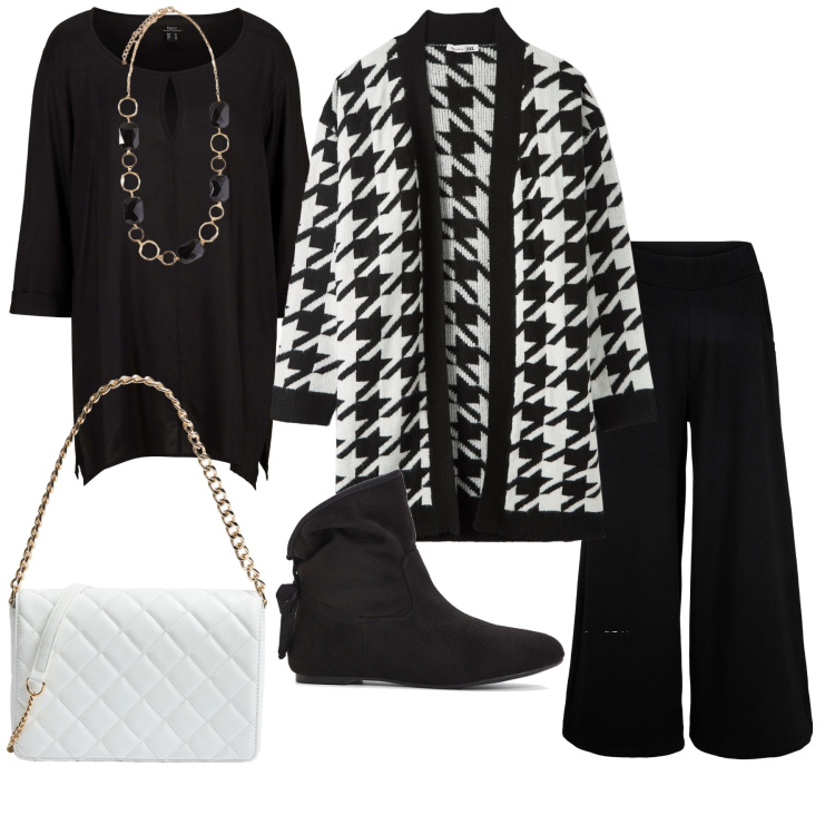 Outfit donna - Total look #2006285. Stile Bon Ton per Ufficio. Abbinamento con bluse, stivaletti, pantaloni culotte, cardigans, borse a tracolla, collane.