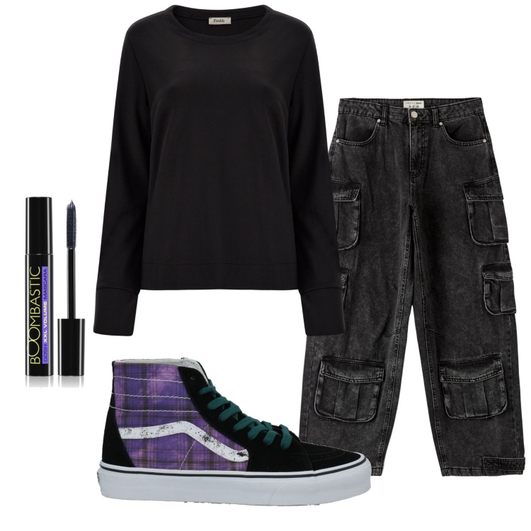 Outfit donna - Vans Viola. Stile Urban per Scuola/Università. Abbinamento con sneakers alte, mascara, jeans, felpe.