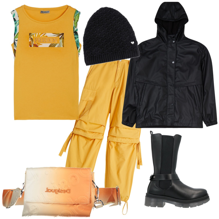 Outfit donna - Un raggio di sole. Stile Casual per Tutti i giorni. Abbinamento con berretti, stivaletti, blazer, pantaloni cargo, t-shirt, borse a mano.