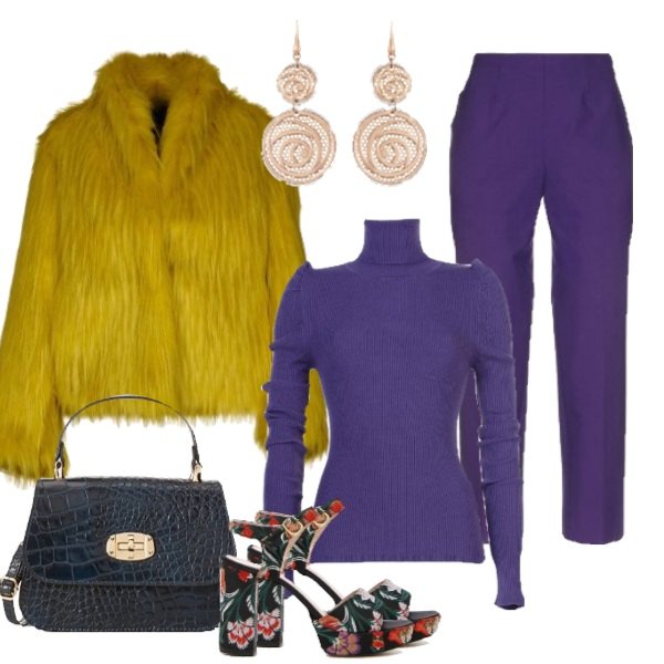 Outfit donna - Contrasti. Stile Trendy per Serata fuori. Abbinamento con maglioncino senza tasche lavorato a maglia collo a dolcevita a maniche lunghe tinta unita, ecopelliccia, pantalone con zip tinta unita, pochette blu, sandali, orecchini.