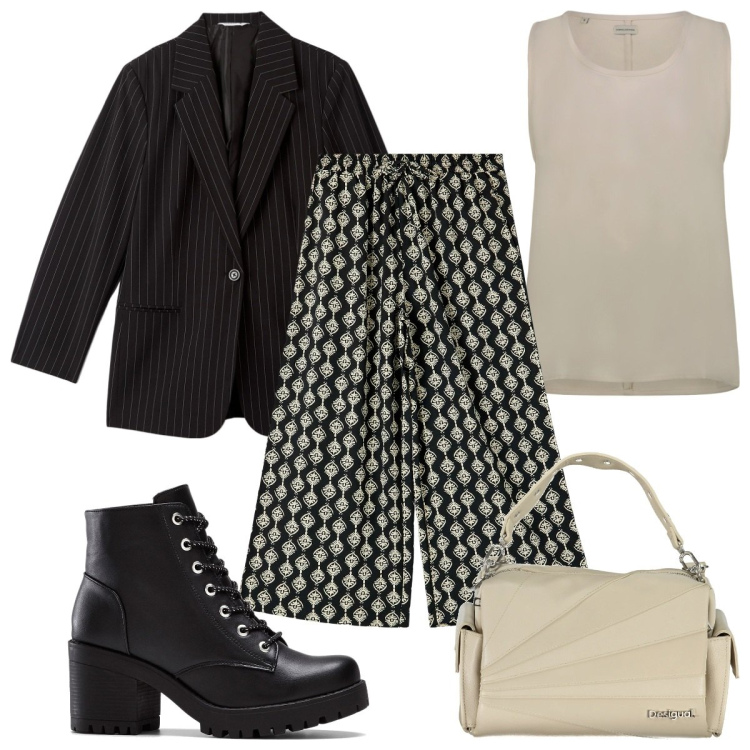 Outfit donna - Total look #2006303. Stile Trendy per Tutti i giorni. Abbinamento con stivaletti, pantaloni a palazzo, blazer, top, borse a spalla.