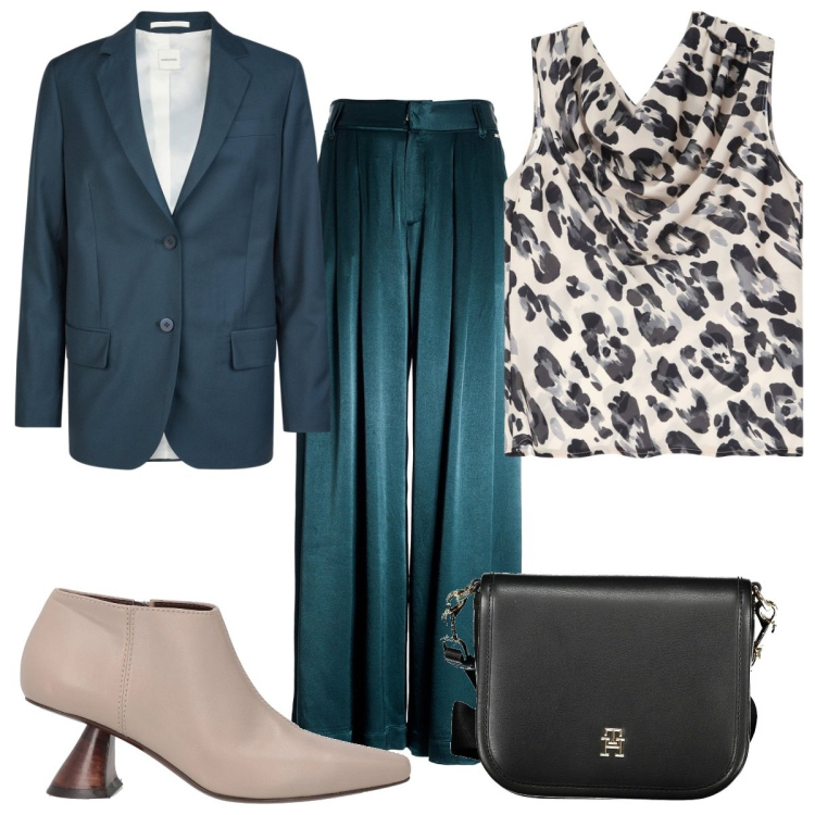 Outfit donna - Total look #2006309. Stile Trendy per Tutti i giorni. Abbinamento con stivaletti, top, pantaloni a palazzo, blazer, borse a tracolla.