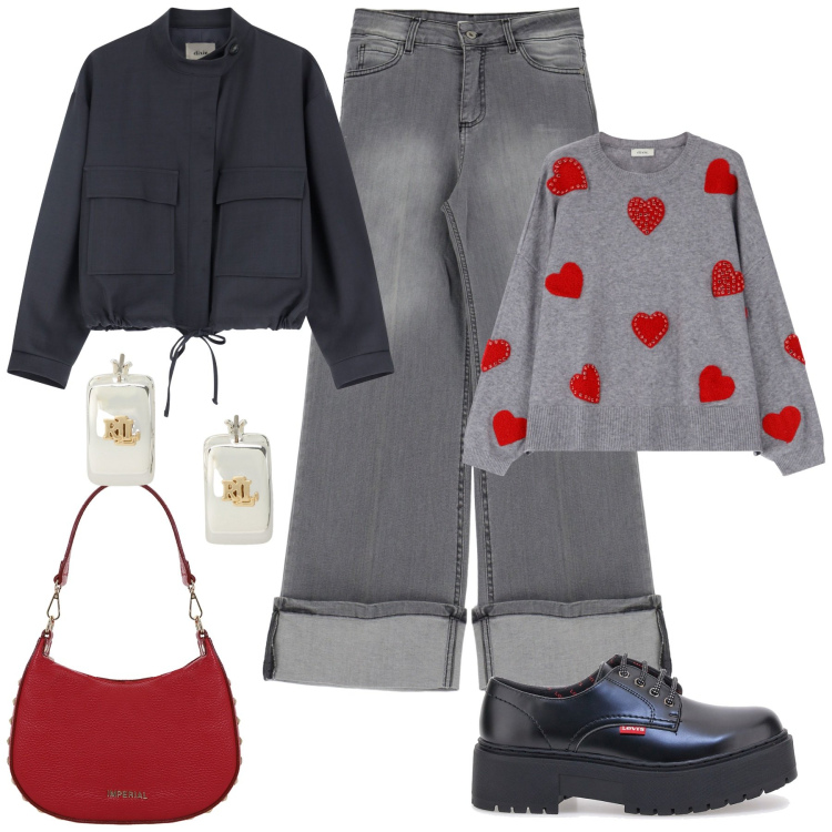 Outfit donna - Urban Edition Dixie. Stile Casual chic per Tutti i giorni. Abbinamento con maglieria, jeans, blazer, borse a spalla, orecchini, francesine.