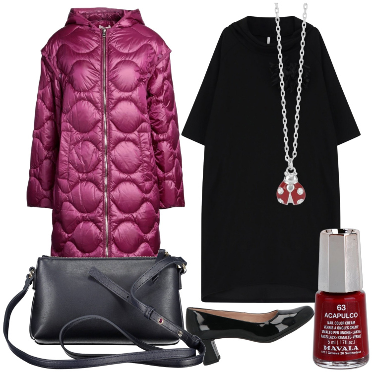 Outfit donna - Il freddo avanza. Stile Urban per Ufficio. Abbinamento con piumini, décolleté, smalti, collane, vestiti, borse a tracolla.