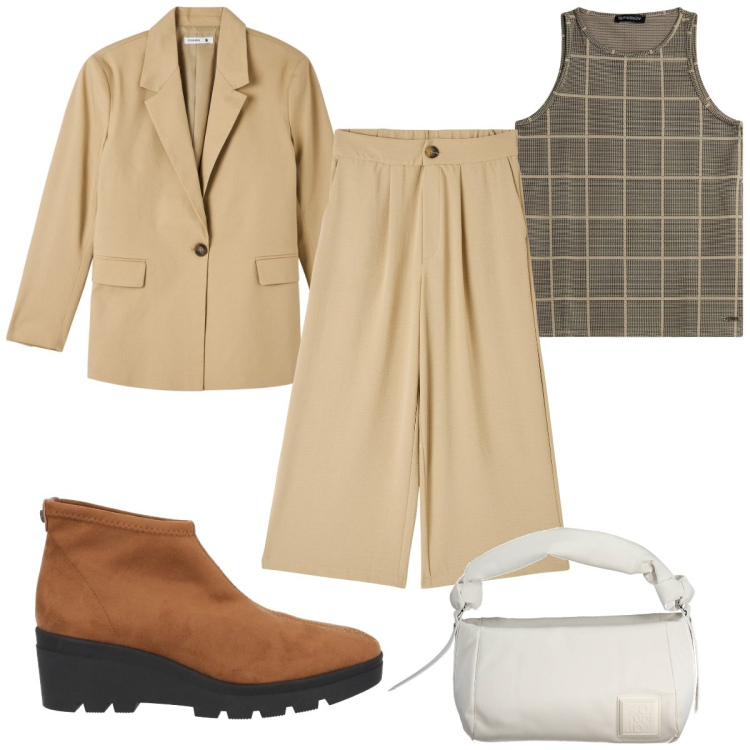 Outfit donna - Total look #2006320. Stile Trendy per Tutti i giorni. Abbinamento con stivaletti, blazer, pantaloni a palazzo, canottiere, borse a spalla.