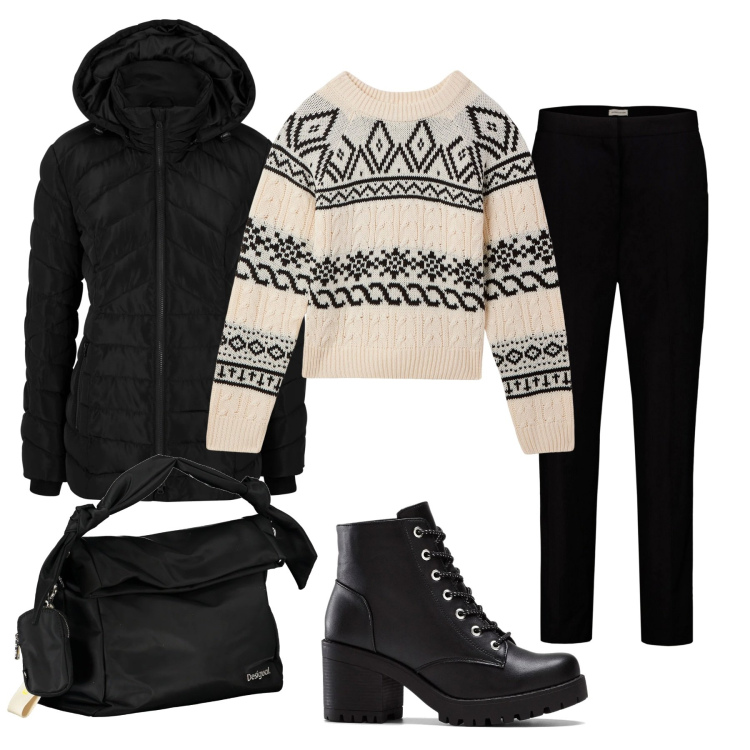 Outfit donna - Mattinata fredda. Stile Casual per Tutti i giorni. Abbinamento con giacche, stivaletti, maglieria, pantaloni, borse a spalla.