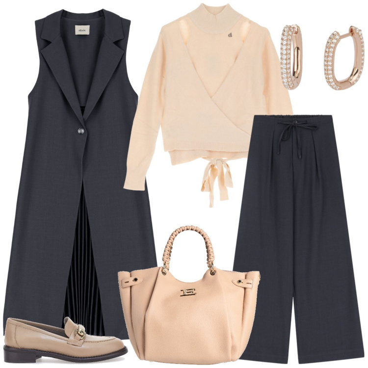 Outfit donna - Total look #2006332. Stile Chic per Tutti i giorni. Abbinamento con borse a mano, orecchini, cappotti, maglieria, pantaloni, mocassini.