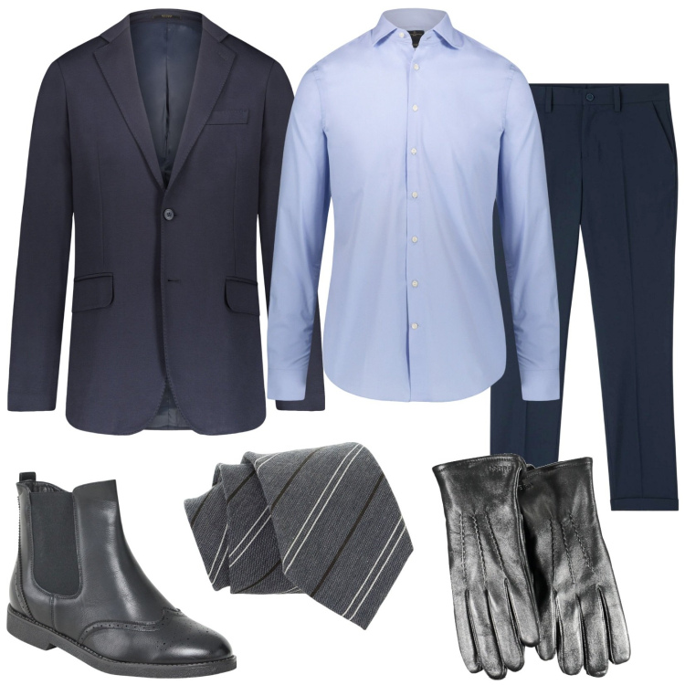 Outfit uomo - Blu e grigio. Stile Business/Elegante per Ufficio. Abbinamento con stivali e stivaletti, pantaloni chino, cravatte, giacche, camicie, guanti.