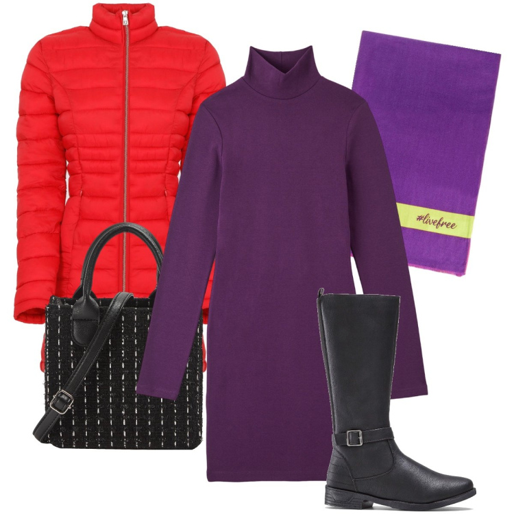 Outfit donna - Contrasti di colore. Stile Casual chic per Tutti i giorni. Abbinamento con stivali, vestiti midi/longuette, shopping bag, piumini, sciarpe.