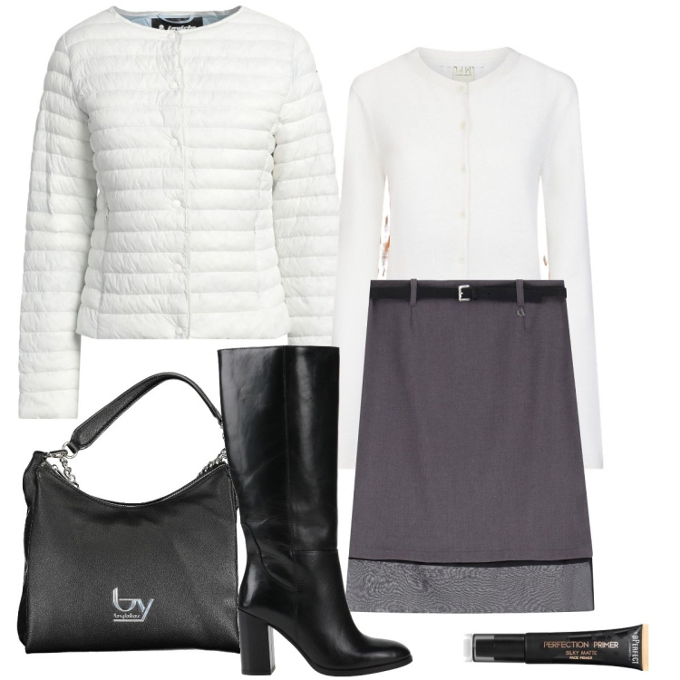 Outfit donna - Il piumino bianco. Stile Bon Ton per Ufficio. Abbinamento con piumini, stivali, primer, gonne, cardigans, borse a spalla.