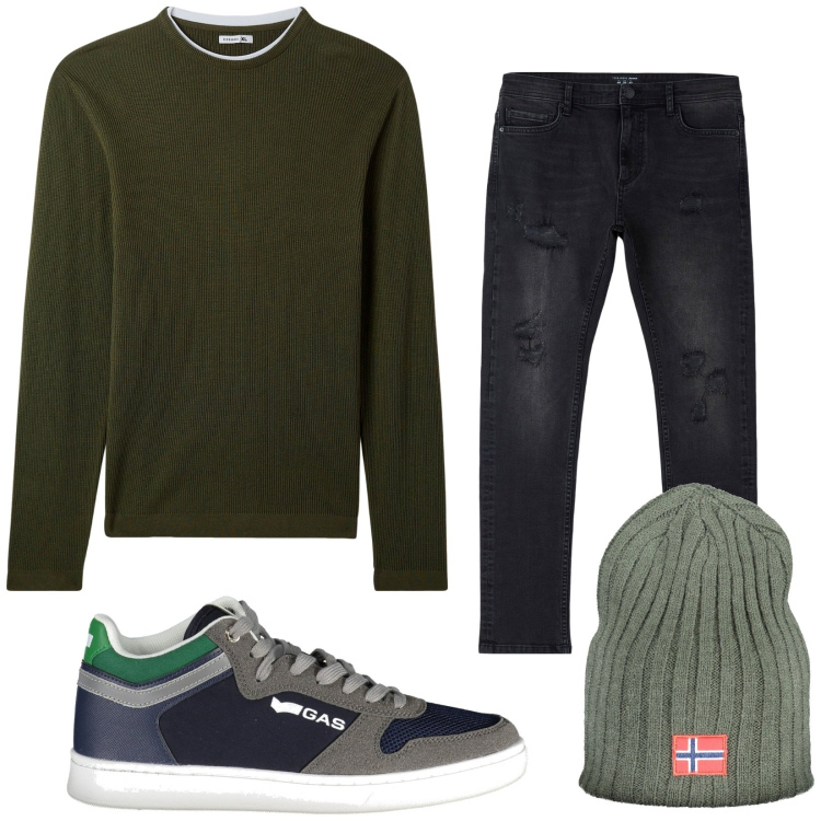 Outfit uomo - Total look #2006345. Stile Casual per Tutti i giorni. Abbinamento con jeans strappati, maglieria, sneakers, berretti.