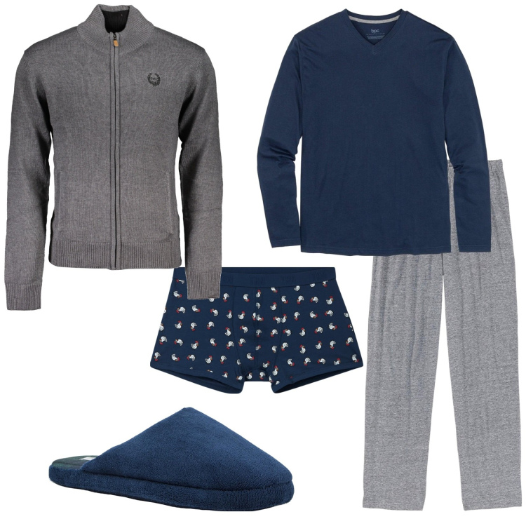 Outfit uomo - Goodnight. Stile Casual per Tutti i giorni. Abbinamento con abbigliamento da notte, boxer, pantofole, cardigans.