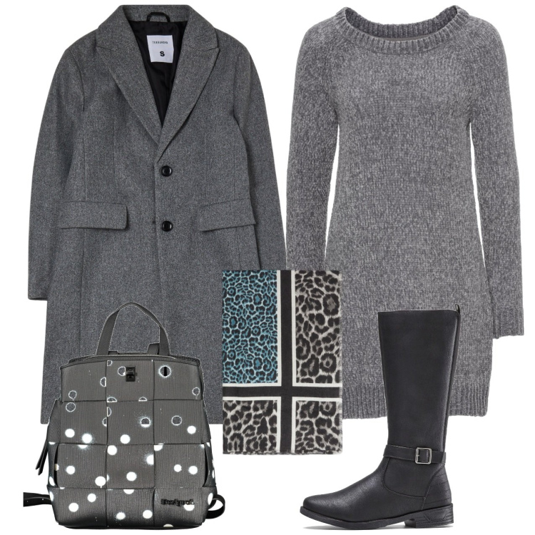 Outfit donna - Total grigio. Stile Bon Ton per Ufficio. Abbinamento con vestiti, stivali, cappotti, zaini, sciarpe.