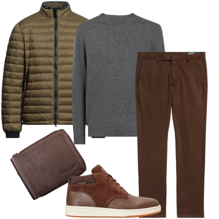 Outfit uomo - Il piumino lucido. Stile Business/Elegante per Ufficio. Abbinamento con piumini, stivali, pantaloni, maglieria, portafogli.