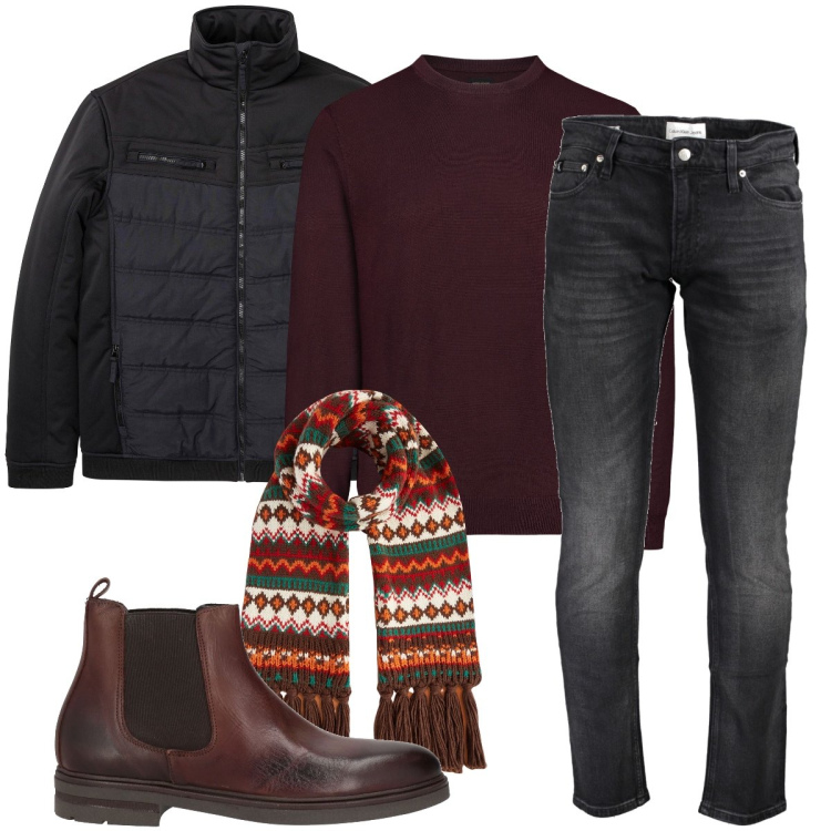 Outfit uomo - La sciarpa peruviana. Stile Biker Rock per Serata speciale. Abbinamento con piumini, stivali e stivaletti, sciarpe, jeans slim fit, maglieria.