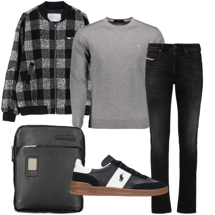 Outfit uomo - Il giubbotto a quadri. Stile Urban per Ufficio. Abbinamento con bomber, sneakers, maglieria, jeans skinny, portafogli.
