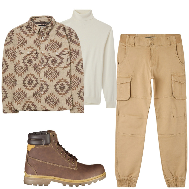 Outfit uomo - City. Stile Casual per Tutti i giorni. Abbinamento con cappotti, pantaloni cargo, maglieria, stivali.