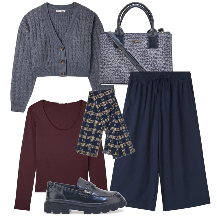 Outfit donna - Pantaloni a palazzo - Focus Donna Curvy. Stile Bon Ton per Ufficio. Abbinamento con pantaloni a palazzo, t-shirt, cardigans, sciarpe, borse a tracolla, mocassini.
