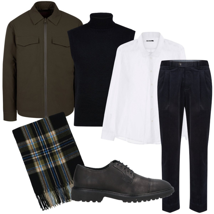 Outfit uomo - A strati. Stile Business/Elegante per Serata speciale. Abbinamento con scarpe stringate, camicie, sciarpe, piumini, gilet, pantaloni.