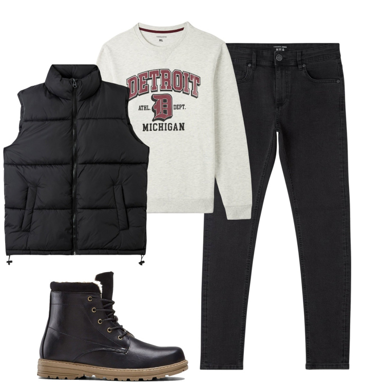 Outfit uomo - City. Stile Urban per Tutti i giorni. Abbinamento con stivali e stivaletti, felpe, jeans skinny, piumini.