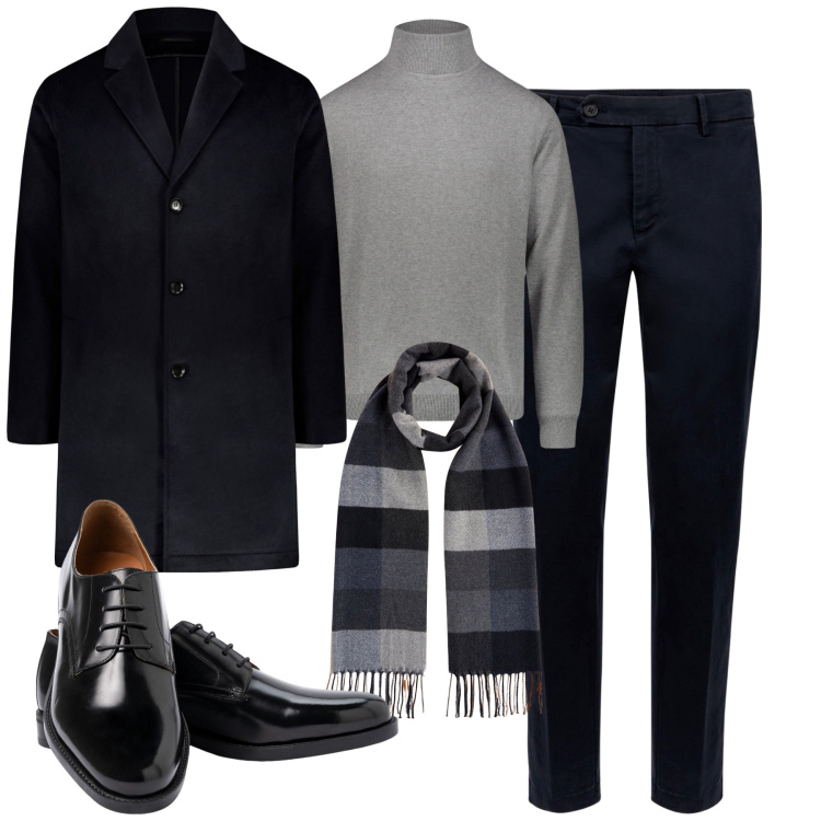 Outfit uomo - Minimal chic. Stile Business/Elegante per Tutti i giorni. Abbinamento con maglieria, scarpe stringate, pantaloni chino, cappotti, sciarpe.