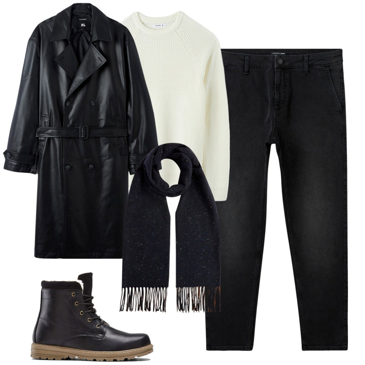 Outfit uomo - Total look #2006382. Stile Urban per Tutti i giorni. Abbinamento con stivali e stivaletti, jeans, maglieria, trench, sciarpe.
