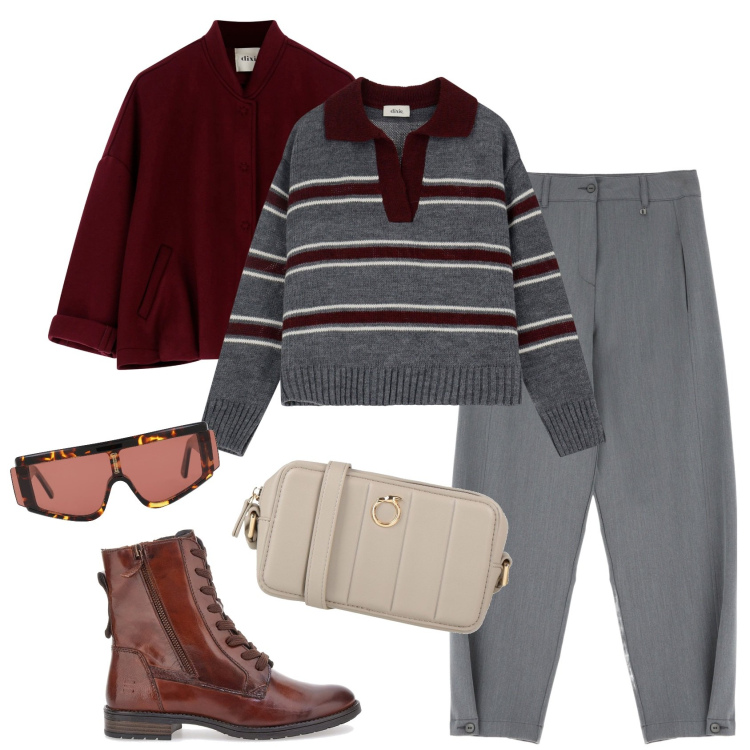 Outfit donna - Look urbano con Dixie. Stile Chic per Tutti i giorni. Abbinamento con occhiali da sole, borse a tracolla, maglieria, pantaloni, bomber, anfibi.