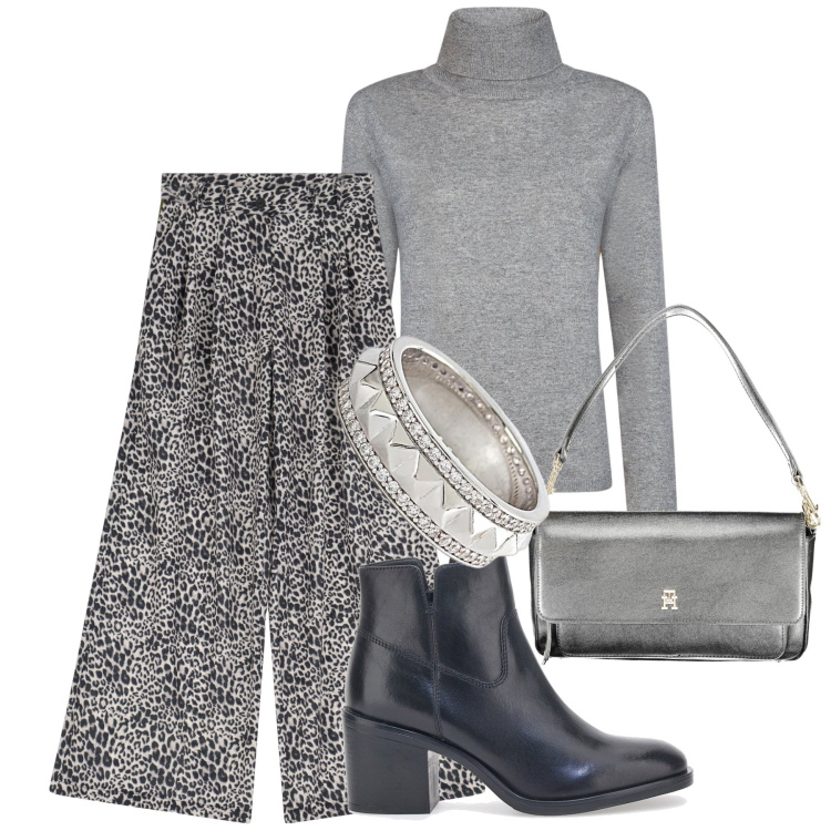 Outfit donna - Grigio neutro. Stile Casual chic per Tutti i giorni. Abbinamento con pantaloni a palazzo, anelli, stivaletti texani, maglieria, borse a spalla.