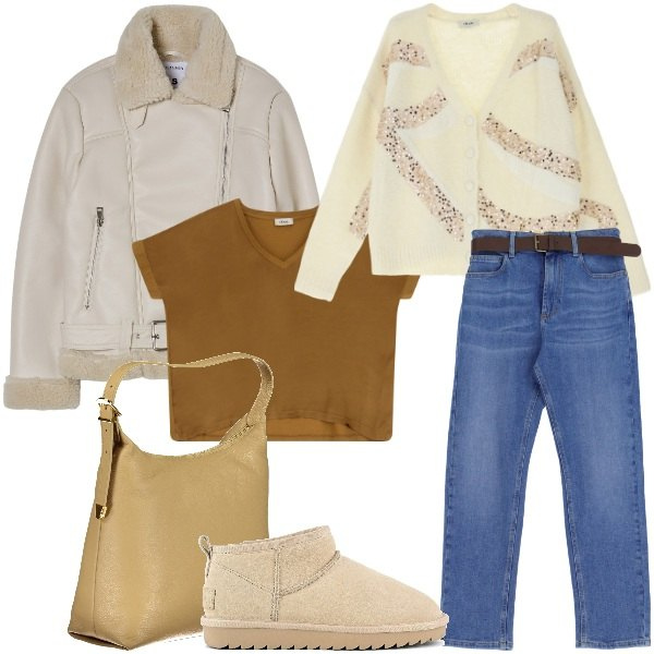 Outfit donna - Tonalità calde e neutre. Stile Casual chic per Tutti i giorni. Abbinamento con blazer, jeans dritti, cardigans, t-shirt, stivali, borse a spalla.
