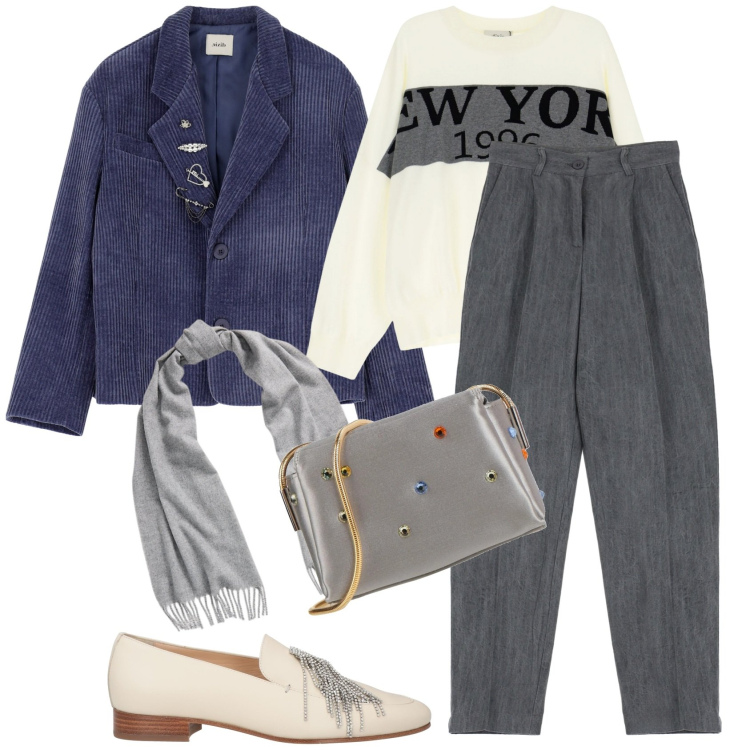 Outfit donna - Chic in città con lo stile di Dixie. Stile Chic per Tutti i giorni. Abbinamento con borse a tracolla, mocassini, blazer, pantaloni, maglieria, sciarpe.