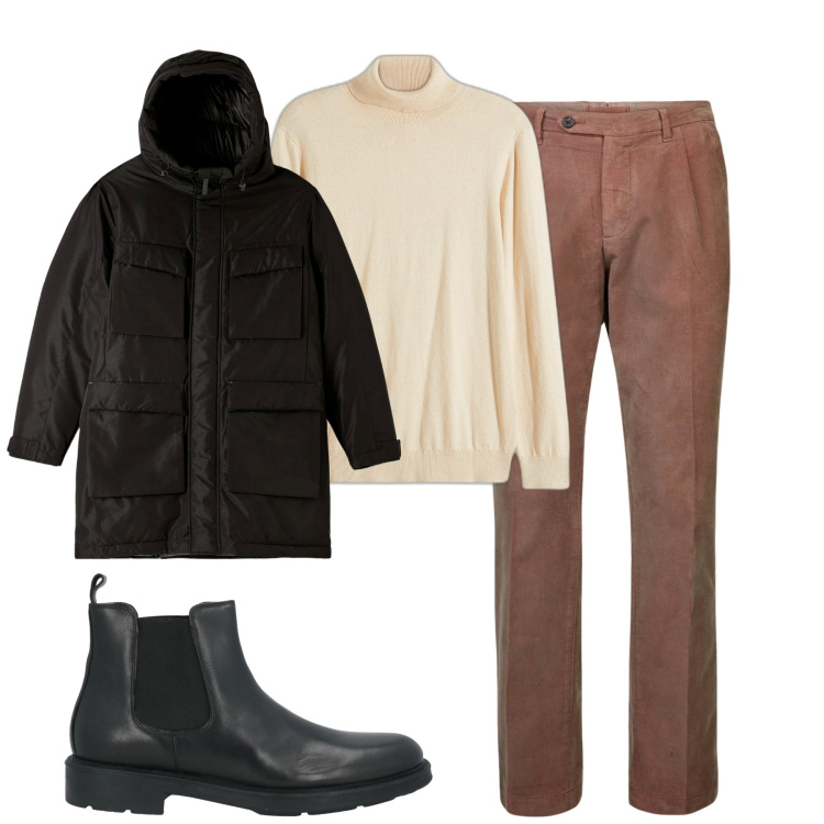 Outfit uomo - Total look #2006397. Stile Urban per Tutti i giorni. Abbinamento con maglieria, stivali e stivaletti, parka, pantaloni.