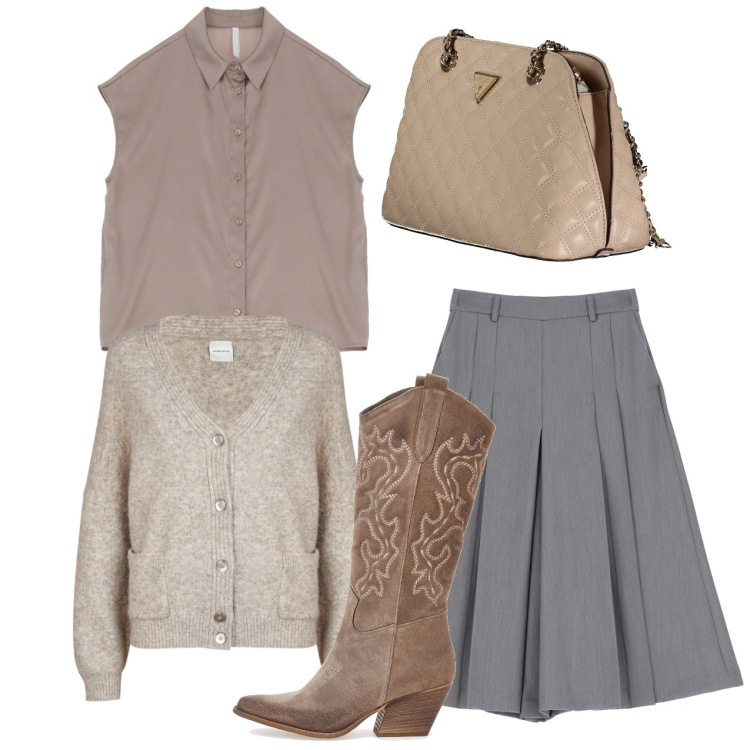 Outfit donna - Toni neutri - Focus Donna Curvy Italy. Stile Preppy per Tutti i giorni. Abbinamento con pantaloni, camicie a manica corta, stivaletti texani, cardigans, borse a spalla.