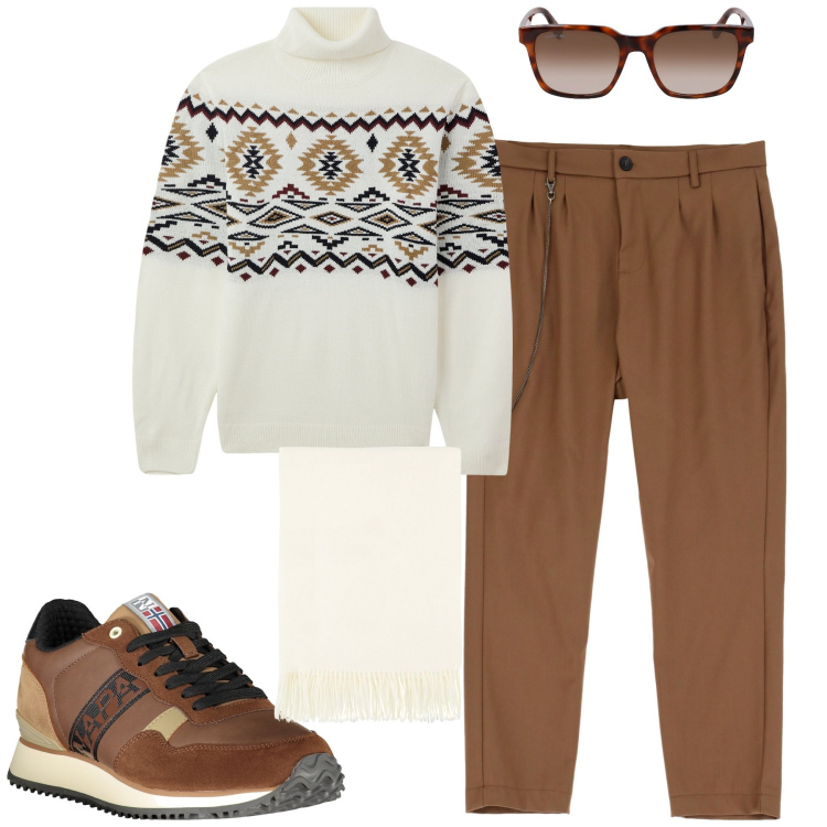 Outfit uomo - Freddo. Stile Urban per Tutti i giorni. Abbinamento con maglieria, sciarpe, pantaloni, sneakers, occhiali da sole.