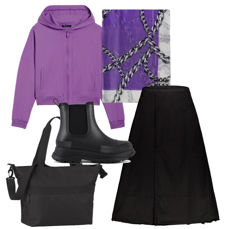Outfit donna - Accessori chiave. Stile Trendy per Tutti i giorni. Abbinamento con borse tote, felpe con cappuccio, gonne lunghe, stivali, sciarpe.